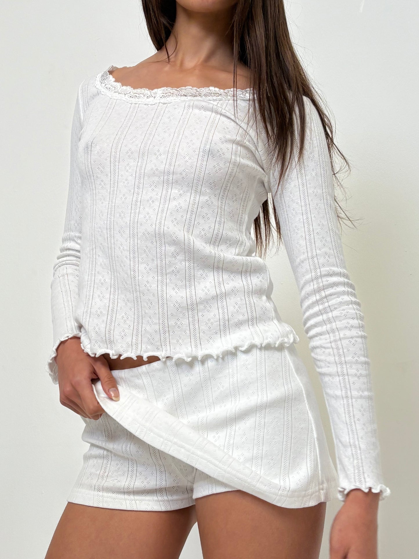 The Celine Long Sleeve - White Pointelle