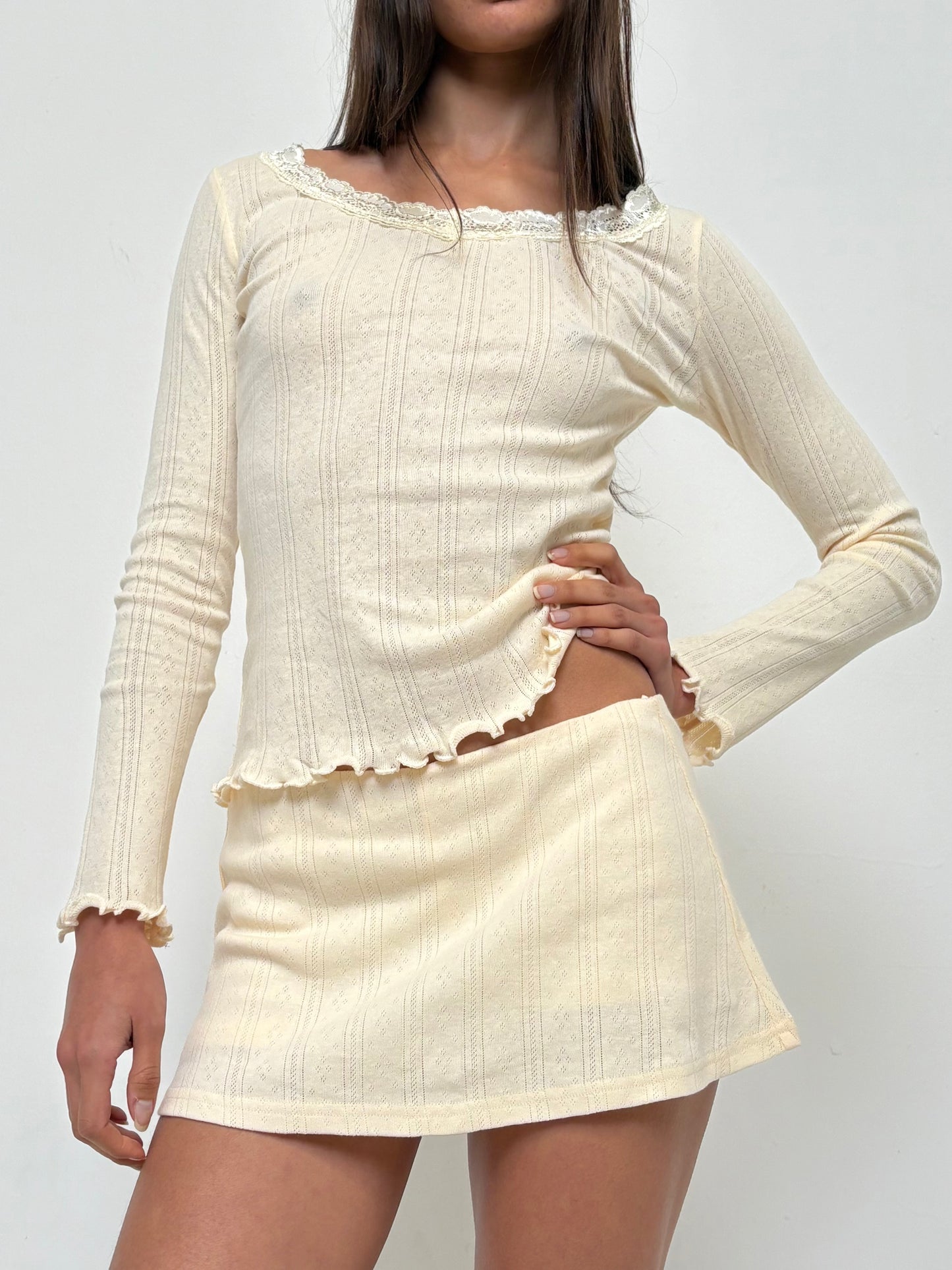 The Celine Mini Skirt - Butter Yellow Pointelle